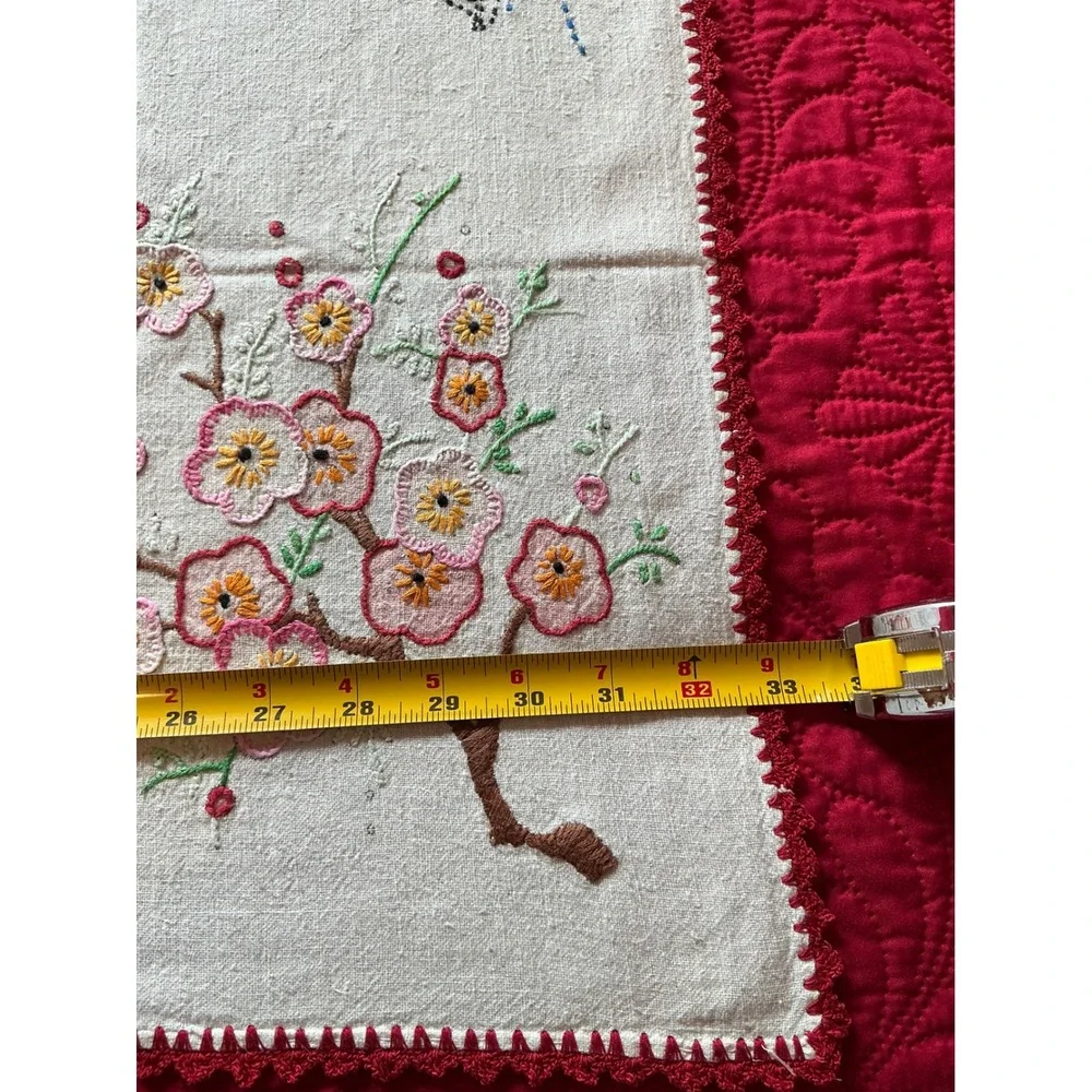 Vintage Hand Embroidered Tablecloth Pagoda Blossom Asian Floral 36x30 Linen‎